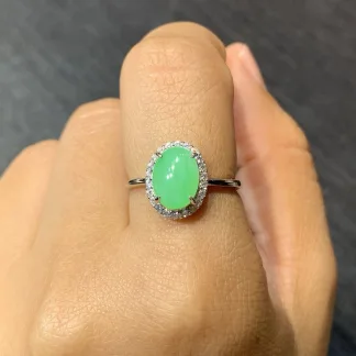 Icy Fresh Vivid Green Natural Jadeite Cabochon Ring — S925 Silver · No. 2016