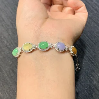 High-Icy Multicolor Natural Jadeite Cabochon Bracelet — S925 Silver · No. 3E40