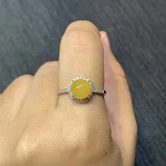 Icy Honey Yellow Natural Jadeite Cabochon Ring — S925 Silver · No. B818