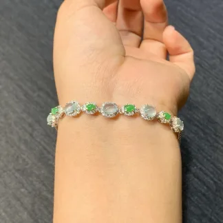 High-Icy Glowing Natural Jadeite Cabochon Bracelet — S925 Silver · No. ABEF