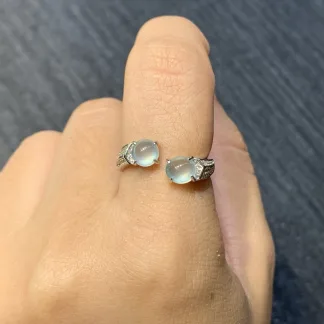 High-Icy Glowing Clear Natural Jadeite Twin Cabochon Ring — S925 Silver · No. 6ADB