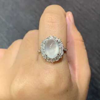 High-Icy Glowing Natural Jadeite Cabochon Ring — S925 Silver · No. AF9D