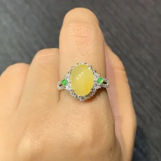 High-Icy Honey Yellow Natural Jadeite Cabochon Ring — S925 Silver · No. 5DD6