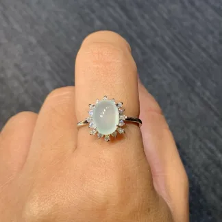 High-Icy Glowing Blue Clear Natural Jadeite Cabochon Ring — S925 Silver · No. BCE1