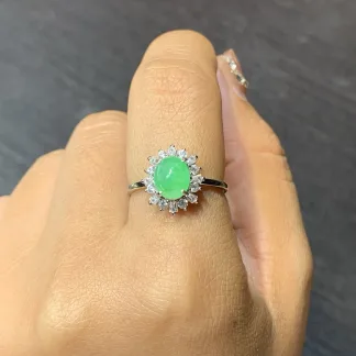 Icy Vivid Green Natural Jadeite Cabochon Ring — S925 Silver · No. 5E41