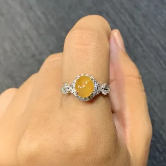 Icy Honey Yellow Natural Jadeite Cabochon Ring — S925 Silver · No. B4BC