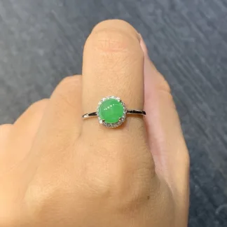 Icy Vivid Green Natural Jadeite Cabochon Ring — S925 Silver · No. 5ECC
