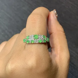 Icy Soft Vivid Green Natural Jadeite Multi-Stone Cabochon Band — S925 Silver · No. B42D