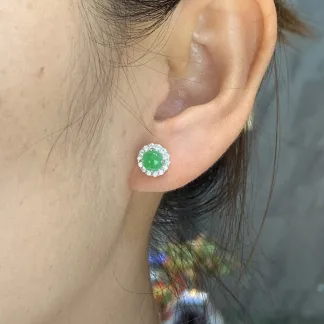 Icy Vivid Green Natural Jadeite Cabochon Stud Earrings — S925 Silver · No. 7F4A