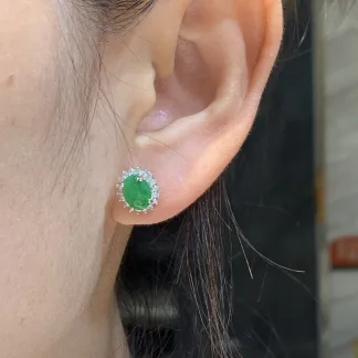 Vivid Green Natural Jadeite Cabochon Stud Earrings — S925 Silver · No. A10C