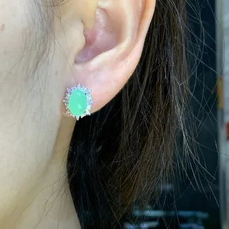 High-Icy Clear Green Natural Jadeite Cabochon Stud Earrings — S925 Silver · No. C7A5