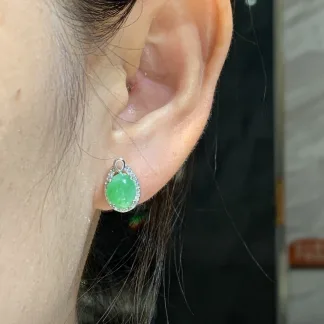 Icy Vivid Green Natural Jadeite Cabochon Stud Earrings — S925 Silver · No. 5148