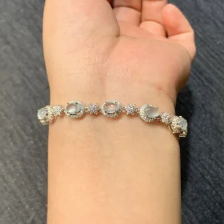 High-Icy Glassy Natural Jadeite Cabochon Bracelet — S925 Silver · No. 7C21