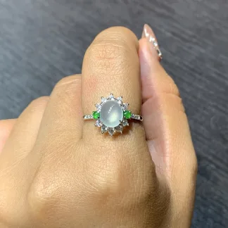 High-Icy Glowing Natural Jadeite Cabochon Ring — S925 Silver · No. 3B84