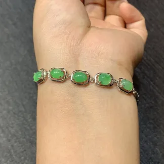 Icy Vivid Green Natural Jadeite Cabochon Bracelet — S925 Silver · No. 1C36