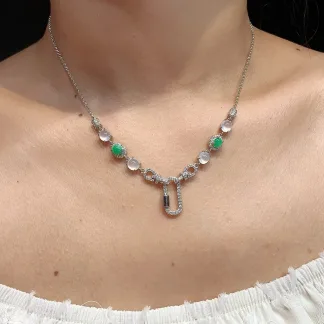 High-Icy White and Green Natural Jadeite Convertible Cabochon Chain — S925 Silver · No. AE7B