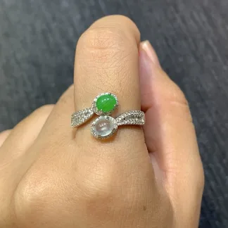 High-Icy Glowing White and Green Natural Jadeite Cabochon Ring — S925 Silver · No. 92A6