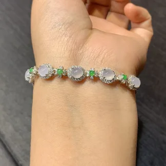 Icy Glowing Natural Jadeite Cabochon Bracelet — S925 Silver · No. 35EF