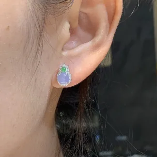 Icy Lavender Natural Jadeite Cabochon Stud Earrings — S925 Silver · No. 3FE9