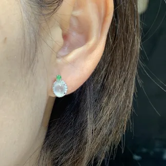 High-Icy Glowing White and Green Natural Jadeite Cabochon Stud Earrings — S925 Silver · No. 32F6