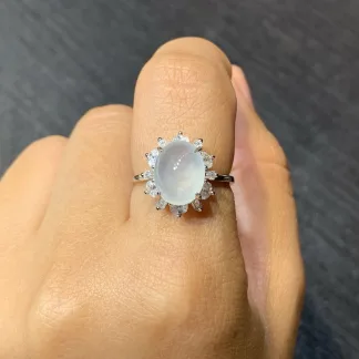 High-Icy Glowing Natural Jadeite Cabochon Ring — S925 Silver · No. DA7B