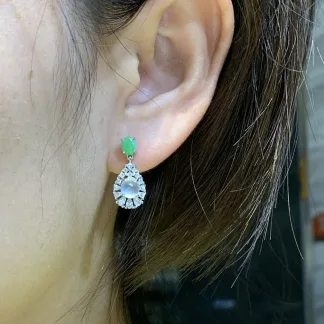 High-Icy Glowing Natural Jadeite Cabochon Drop Earrings — S925 Silver · No. 36F0