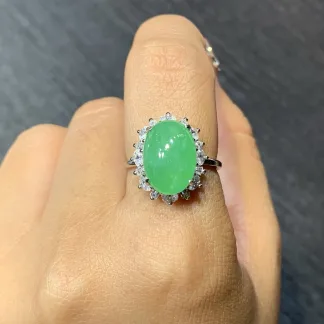 Icy Vivid Green Natural Jadeite Cabochon Ring — S925 Silver · No. 12A1