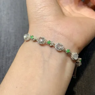 High-Icy White Cabochon and Icy Vivid Green Natural Jadeite Cabochon Bracelet — S925 Silver · No. D502