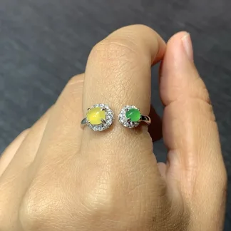 High-Icy Yellow and Green Natural Jadeite Cabochon Ring — S925 Silver · No. E933