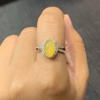 High-Icy Honey Yellow Natural Jadeite Cabochon Ring — S925 Silver · No. 26B5