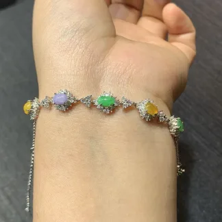 High-Icy Multicolor Natural Jadeite Cabochon Bracelet — S925 Silver · No. 73D4