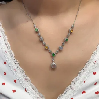 High-Icy Multicolor Natural Jadeite Cabochon Necklace — S925 Silver · No. AF65