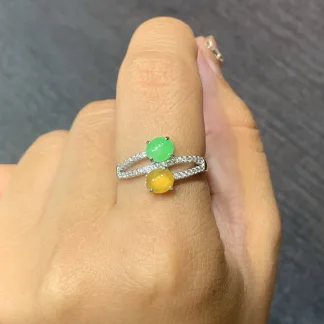 High-Icy Yellow and Green Natural Jadeite Cabochon Ring — S925 Silver · No. FAE1