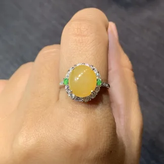 Icy Honey Yellow Natural Jadeite Cabochon Ring — S925 Silver · No. E6AB