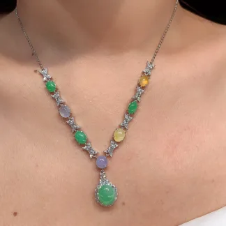 High-Icy Multicolor Natural Jadeite Cabochon Necklace — S925 Silver · No. 0BA9