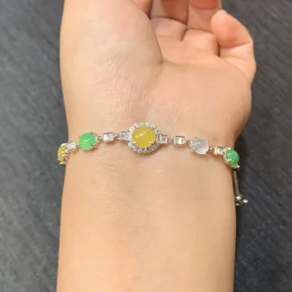 High-Icy Multicolor Natural Jadeite Cabochon Bracelet — S925 Silver · No. 8A2B