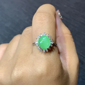 High-Icy Vivid Green Natural Jadeite Cabochon Ring — S925 Silver · No. 08B7