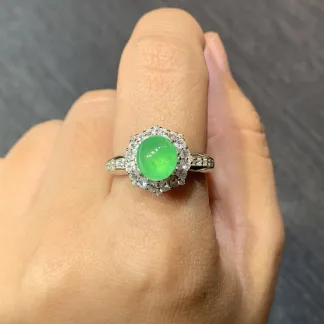 High-Icy Glowing Green Natural Jadeite Cabochon Ring — S925 Silver · No. BDAF