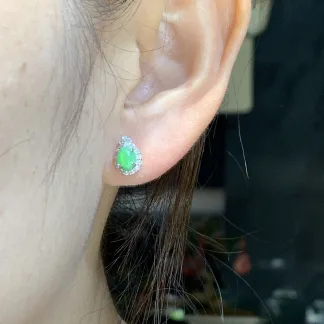 Icy Soft Vivid Green Natural Jadeite Cabochon Stud Earrings — S925 Silver · No. D0B3