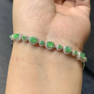 Icy Soft Vivid Green Natural Jadeite Cabochon Bracelet — S925 Silver · No. A733