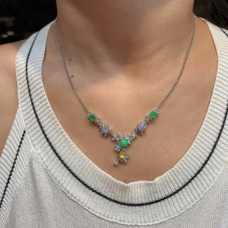 High-Icy Multicolor Natural Jadeite Cabochon Necklace — S925 Silver · No. CB48
