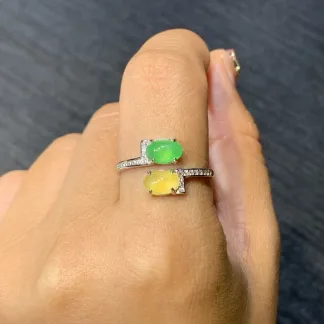 High-Icy Yellow and Green Natural Jadeite Cabochon Ring — S925 Silver · No. 9CCA