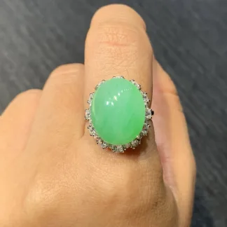 Fresh Vivid Green Natural Jadeite Cabochon Ring — S925 Silver · No. F7F3