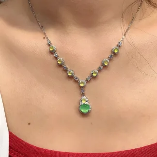 High-Icy Honey Yellow and Glowing Green Natural Jadeite Cabochon Necklace — S925 Silver · No. 5444