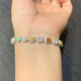 High-Icy Multicolor Natural Jadeite Cabochon Bracelet — S925 Silver · No. 91E3