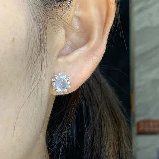 High-Icy Glowing Natural Jadeite Cabochon Stud Earrings — S925 Silver · No. DA3D
