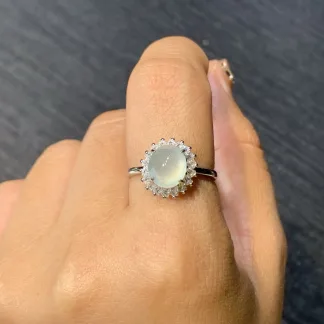 Icy Glowing Clear Natural Jadeite Cabochon Ring — S925 Silver · No. DA90