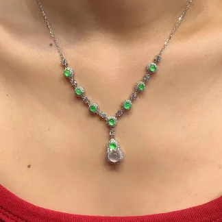 High-Icy Vivid Green and High-Icy White Natural Jadeite Cabochon Necklace — S925 Silver · No. B4EE