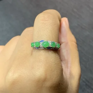 Icy Vivid Green Natural Jadeite Multi-Stone Cabochon Band — S925 Silver · No. 47C2