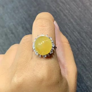 High-Icy Honey Yellow Natural Jadeite Cabochon Ring — S925 Silver · No. D0C7